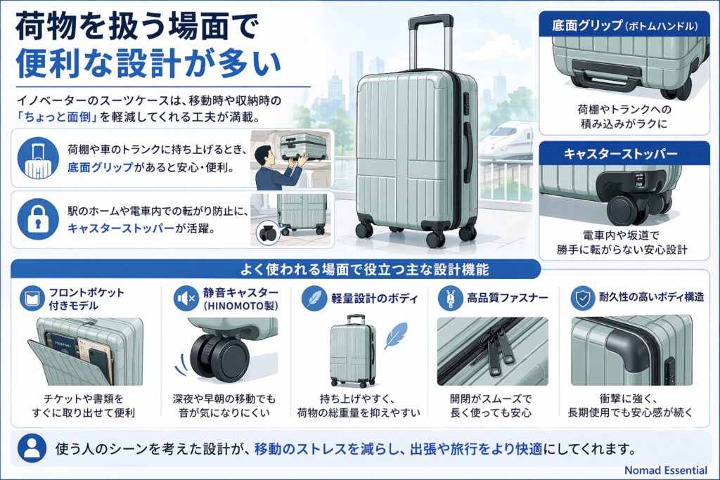 荷物を扱う場面で便利な設計が多い