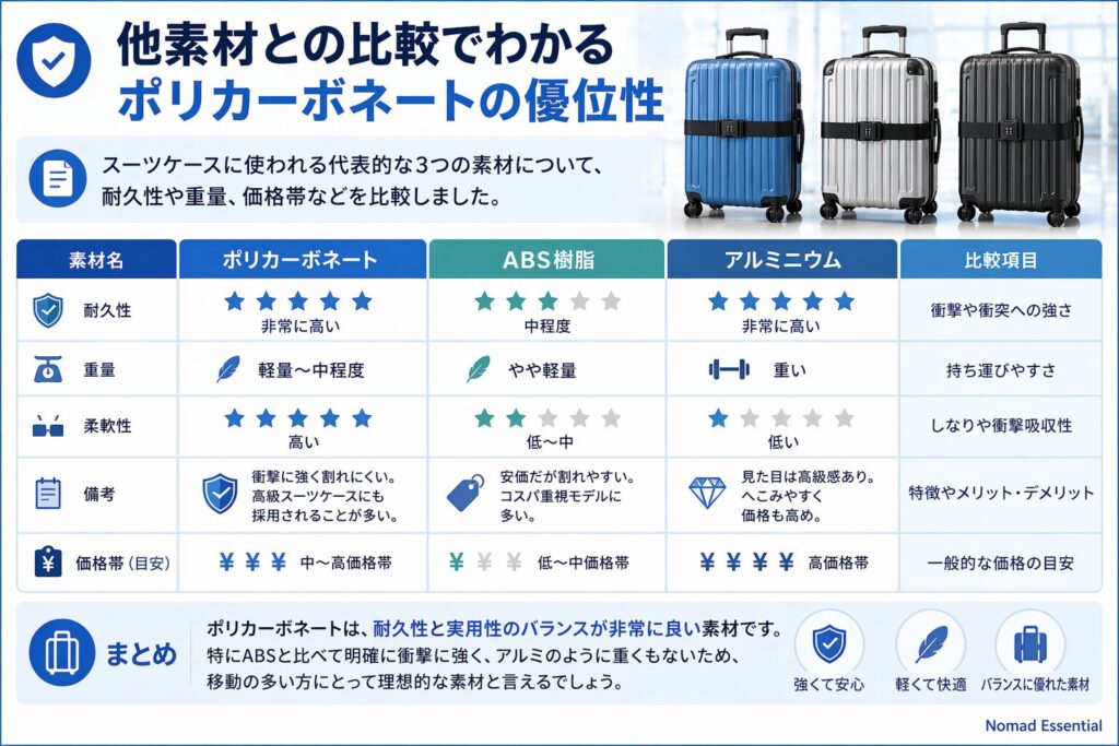 他素材との比較でわかるポリカーボネートの優位性