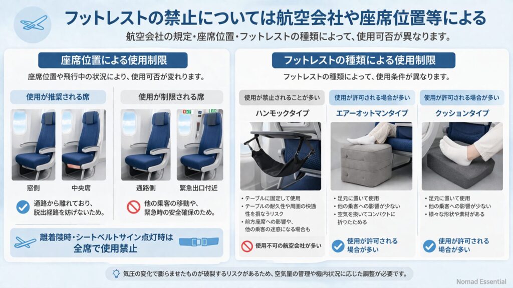 フットレストの禁止については航空会社や座席位置等による