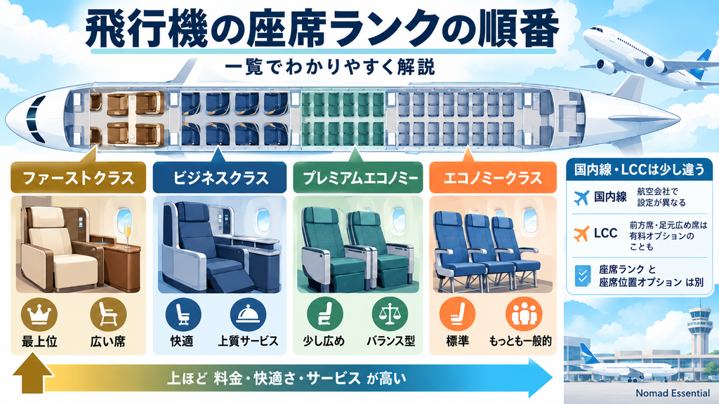 飛行機の座席ランクの順番は？一覧で解説