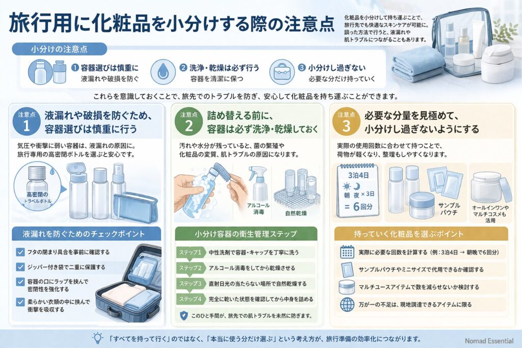 旅行用に化粧品を小分けする際の注意点