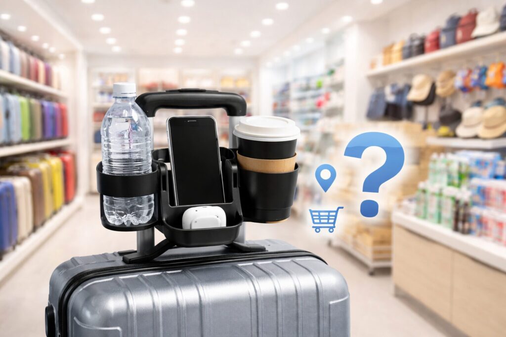 スーツケースのドリンクホルダーはどこで売ってる?