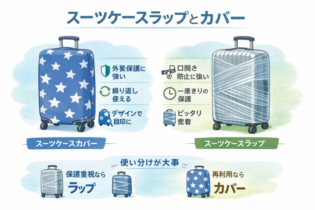 スーツケースラップとカバーとの比較