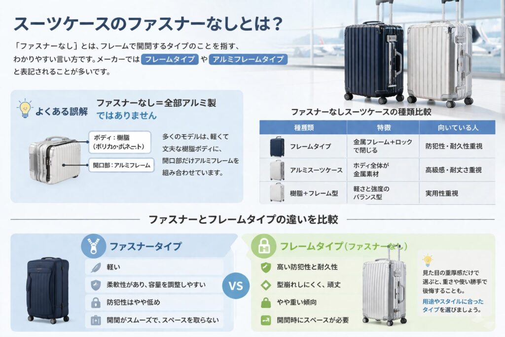 スーツケースのファスナーなしとは