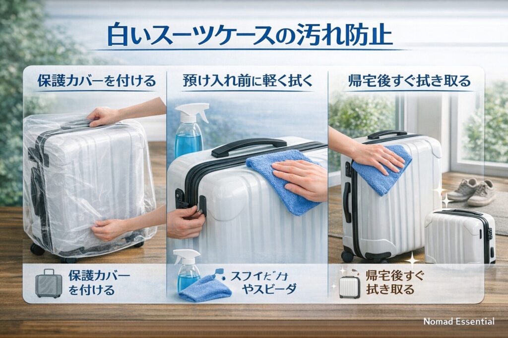 白いスーツケースの汚れ防止