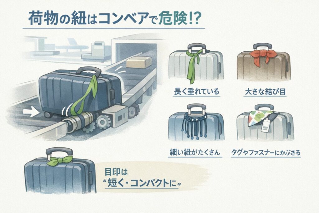 スーツケースの紐がコンベアで引っかかる