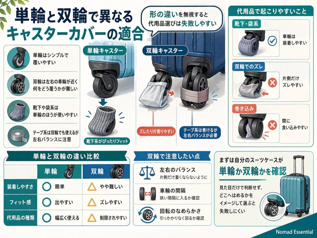 単輪と双輪で異なるキャスターカバーの適合
