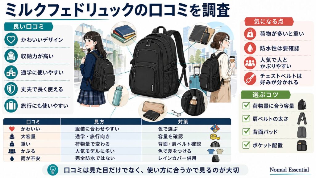 ミルクフェドリュックの口コミを調査