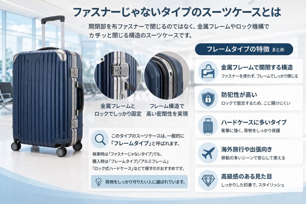 ファスナーじゃないタイプのスーツケースとは
