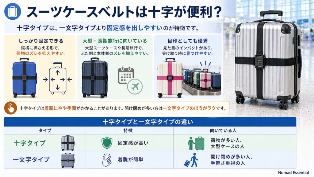 スーツケースベルトは十字が便利？