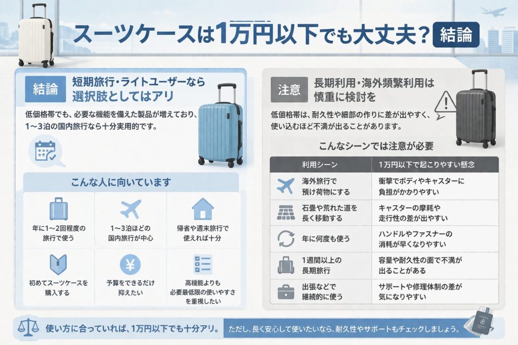 スーツケースは1万円以下でも大丈夫？結論