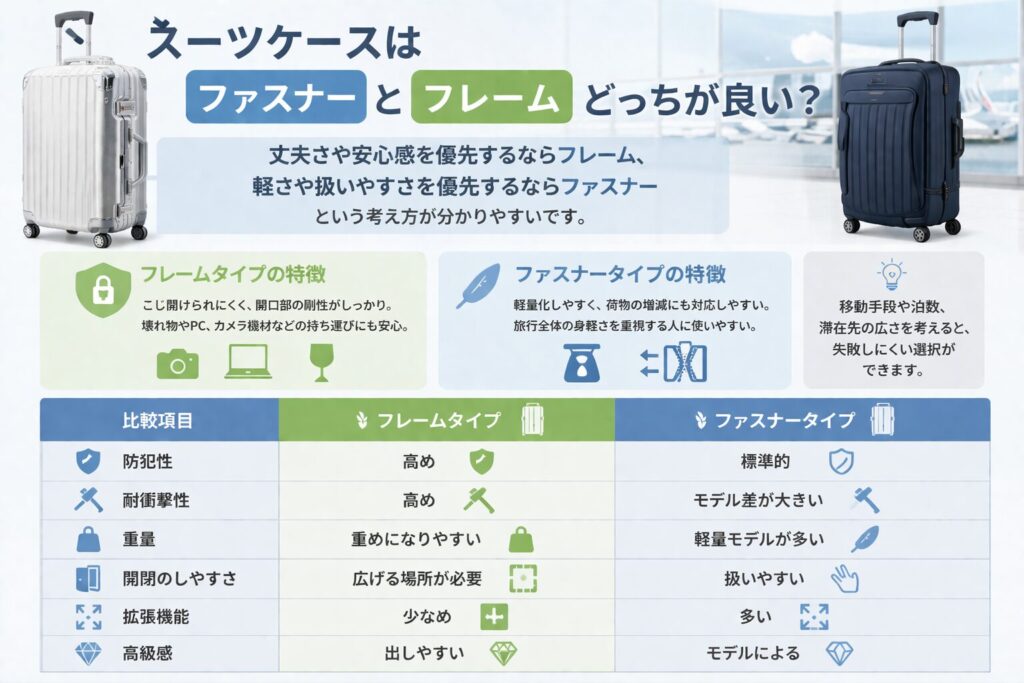スーツケースはファスナーとフレームどっちが良いの？