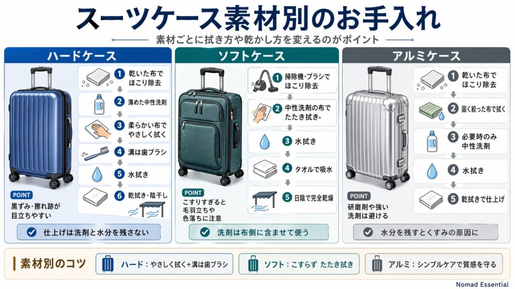 スーツケース素材別のお手入れ