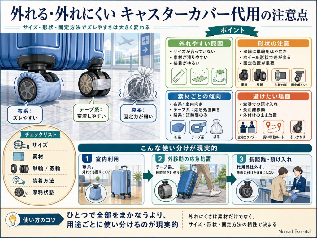 外れる・外れにくいキャスターカバー代用の注意点