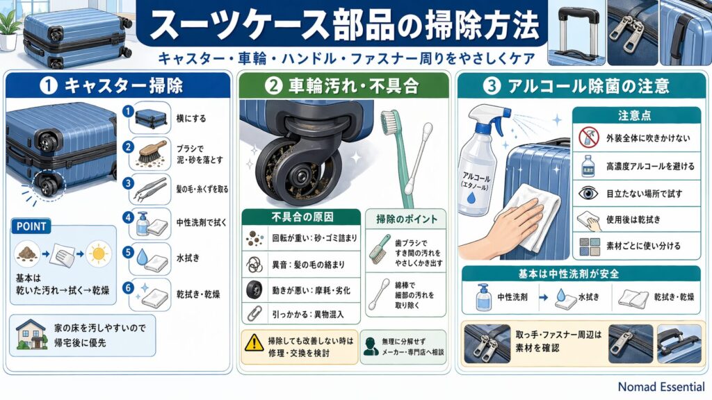 スーツケース部品の掃除方法