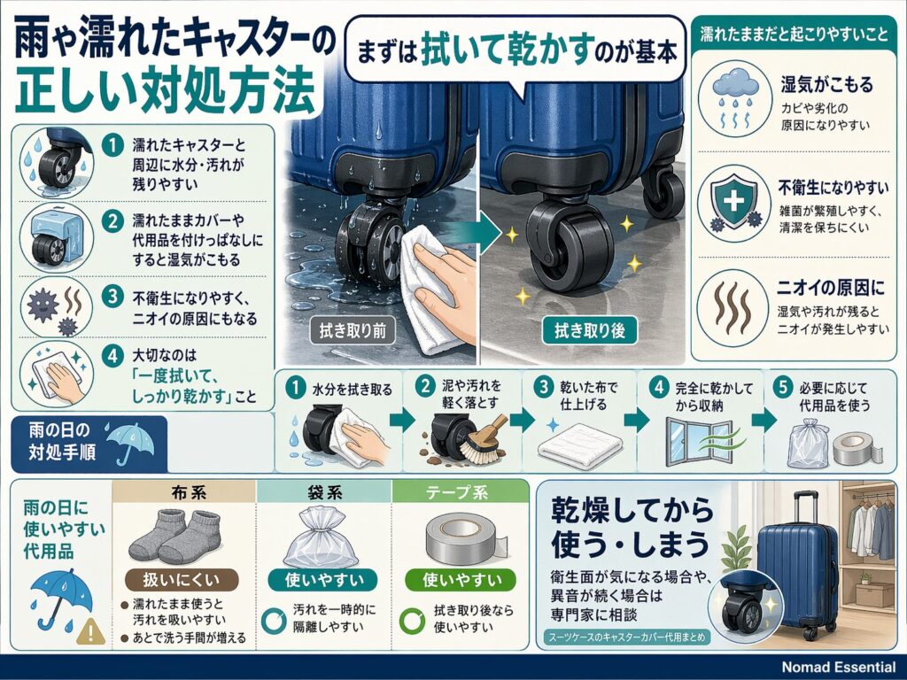雨や濡れたキャスターの正しい対処方法