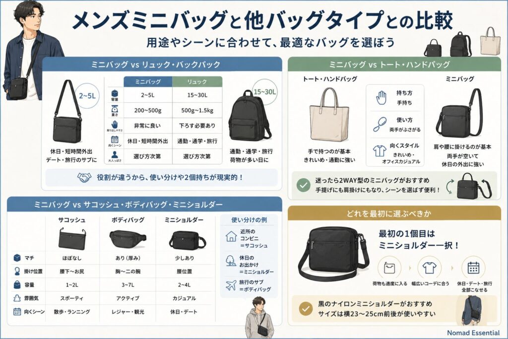メンズミニバッグと他バッグタイプとの比較
