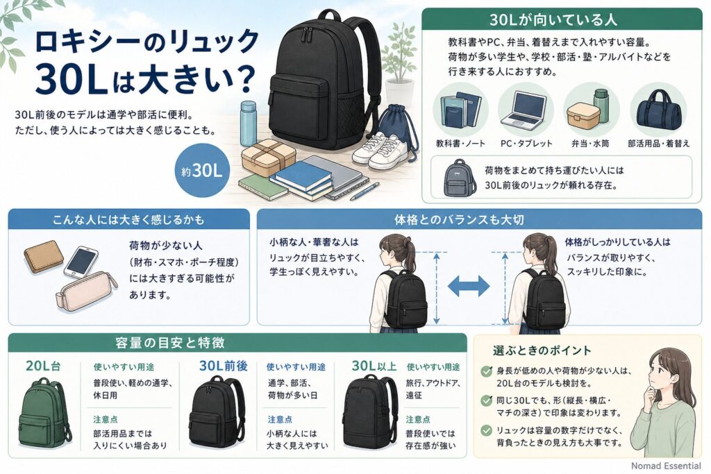 ロキシーのリュック30Lは大きい？