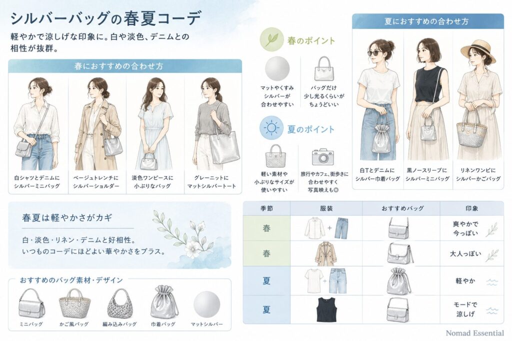 シルバーバッグの春夏コーデ