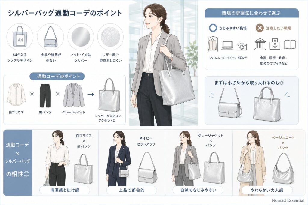 シルバーバッグの通勤コーデ