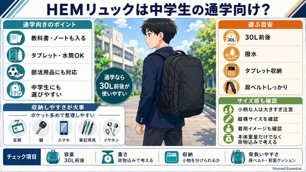 HEMリュックは中学生の通学向け？