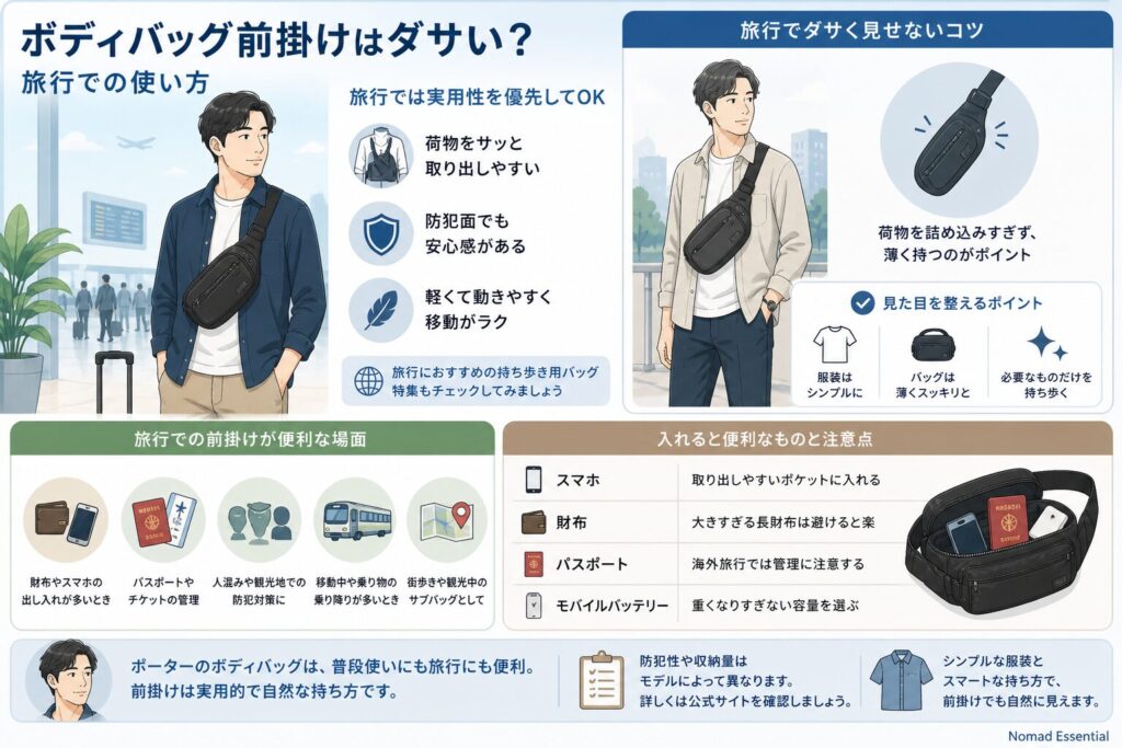 ボディバッグ前掛けはダサい？旅行での使い方
