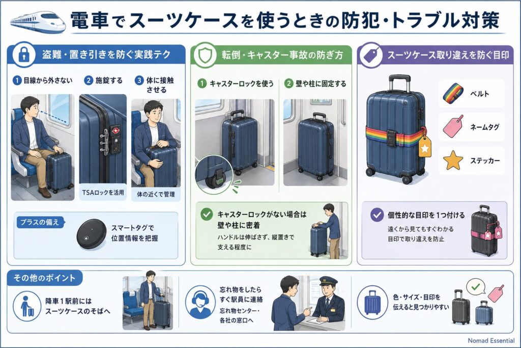 電車でスーツケースを使うときの防犯・トラブル対策