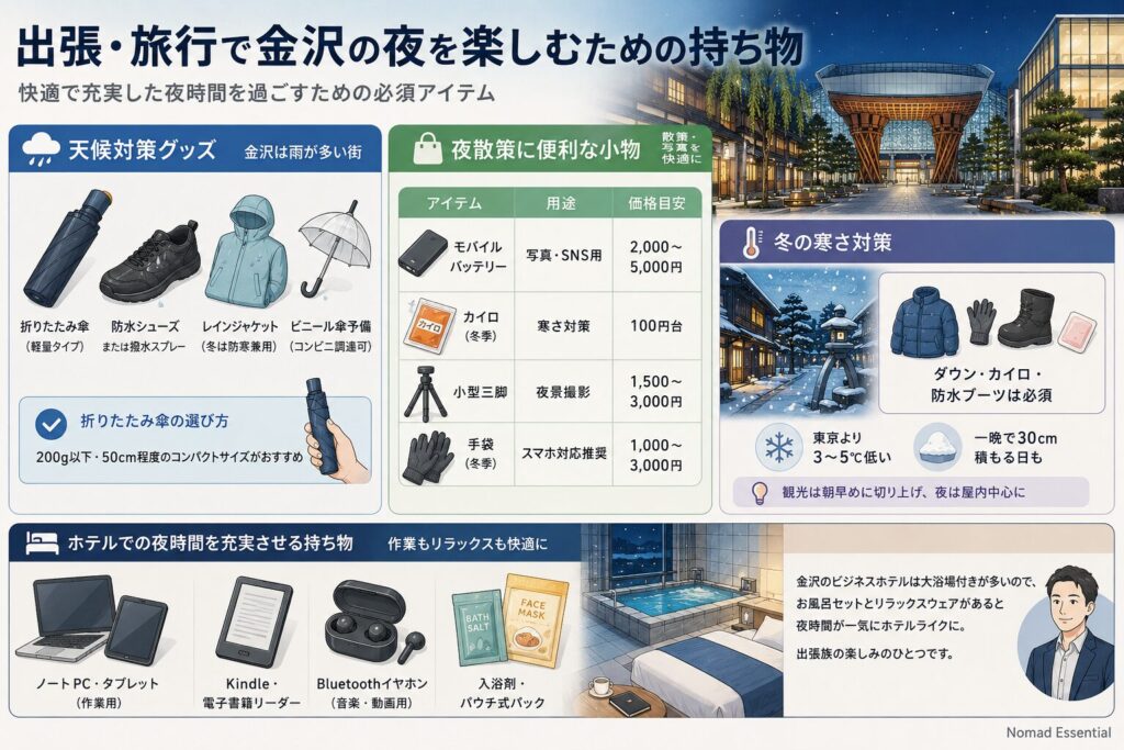 出張・旅行で金沢の夜を楽しむための持ち物