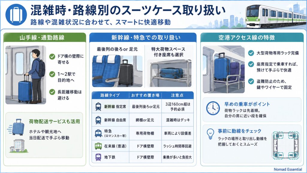 混雑時・路線別のスーツケース取り扱い