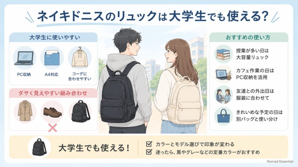 ネイキドニスのリュックは大学生でも使える？