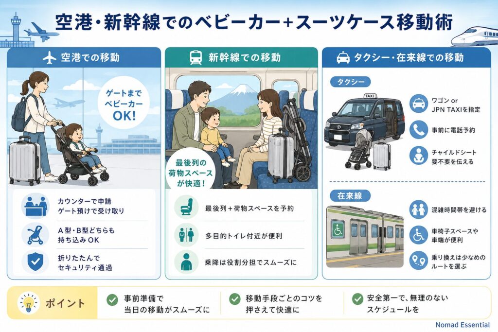 空港・新幹線でのベビーカー+スーツケース移動術