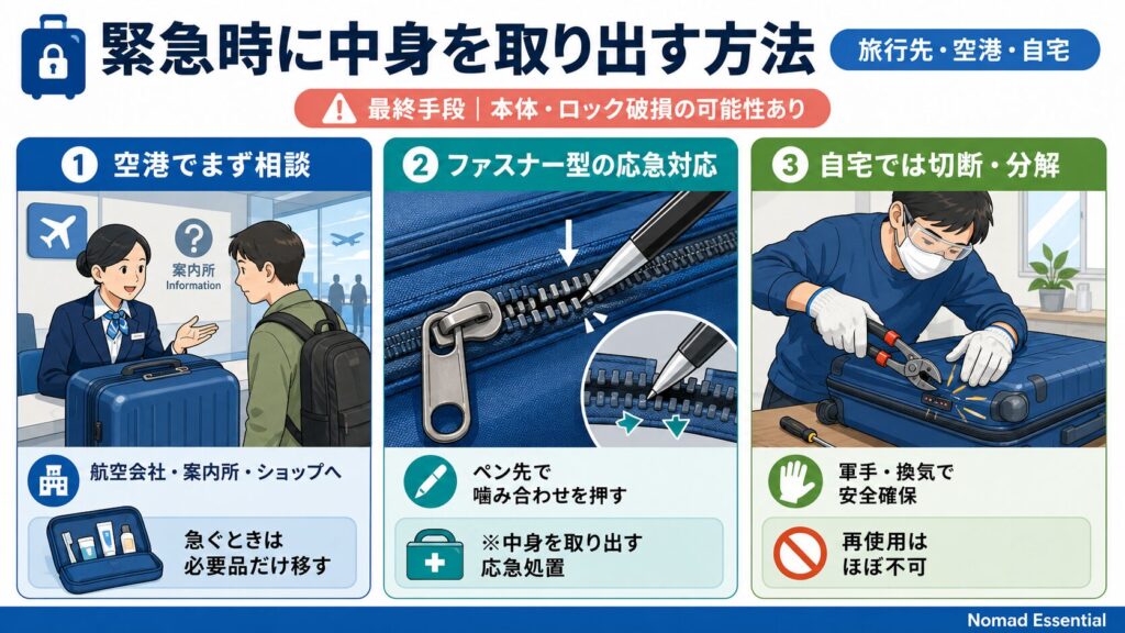 緊急時に中身を取り出す方法（旅行先・空港・自宅）