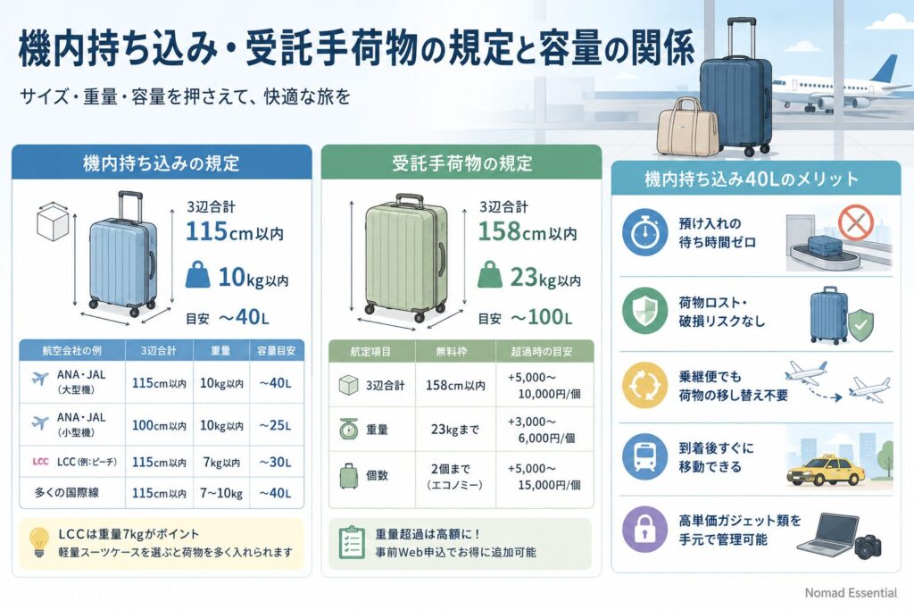 機内持ち込み・受託手荷物の規定と容量の関係