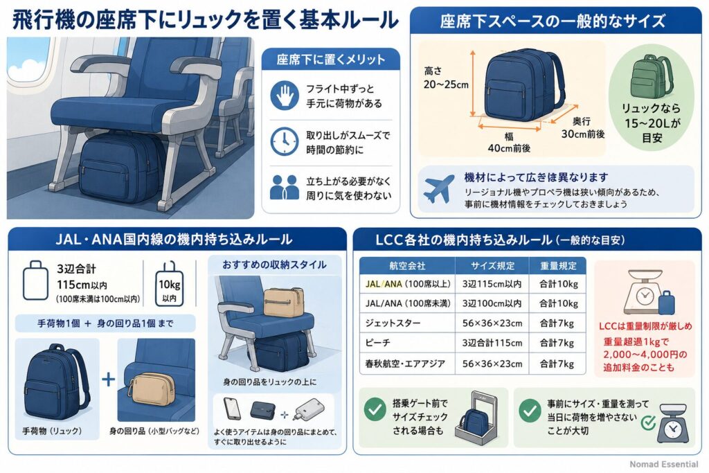 飛行機の座席下にリュックを置く基本ルール