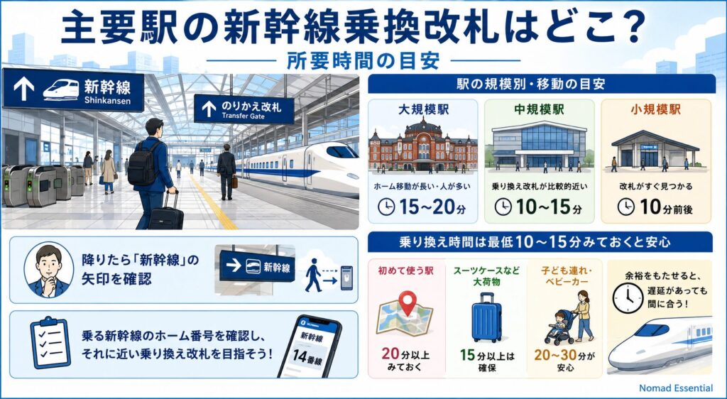 主要駅の新幹線乗換改札はどこ？所要時間の目安