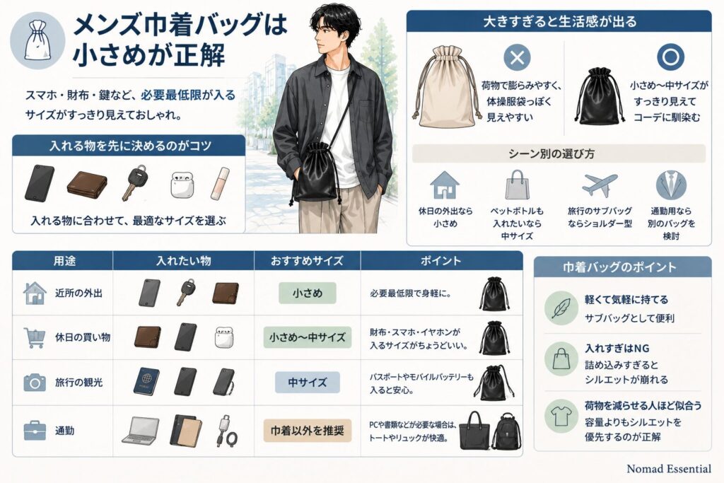 メンズ巾着バッグは小さめが正解