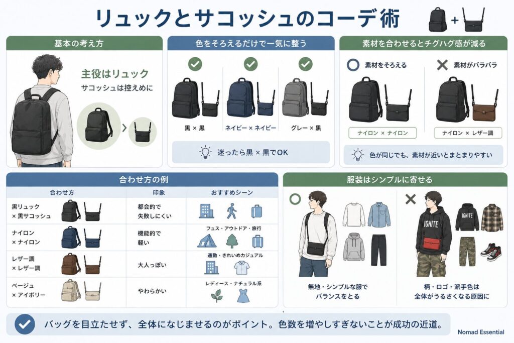 リュックとサコッシュのコーデ術