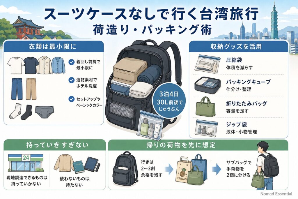 スーツケースなしで行く台湾旅行の荷造り・パッキング術