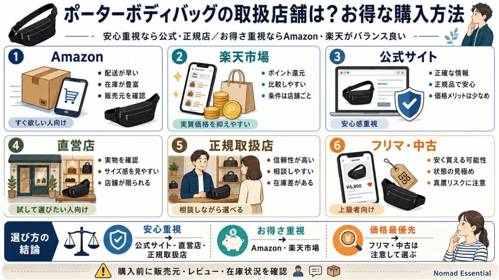 ポーターボディバッグの取扱店舗は？お得な購入方法！