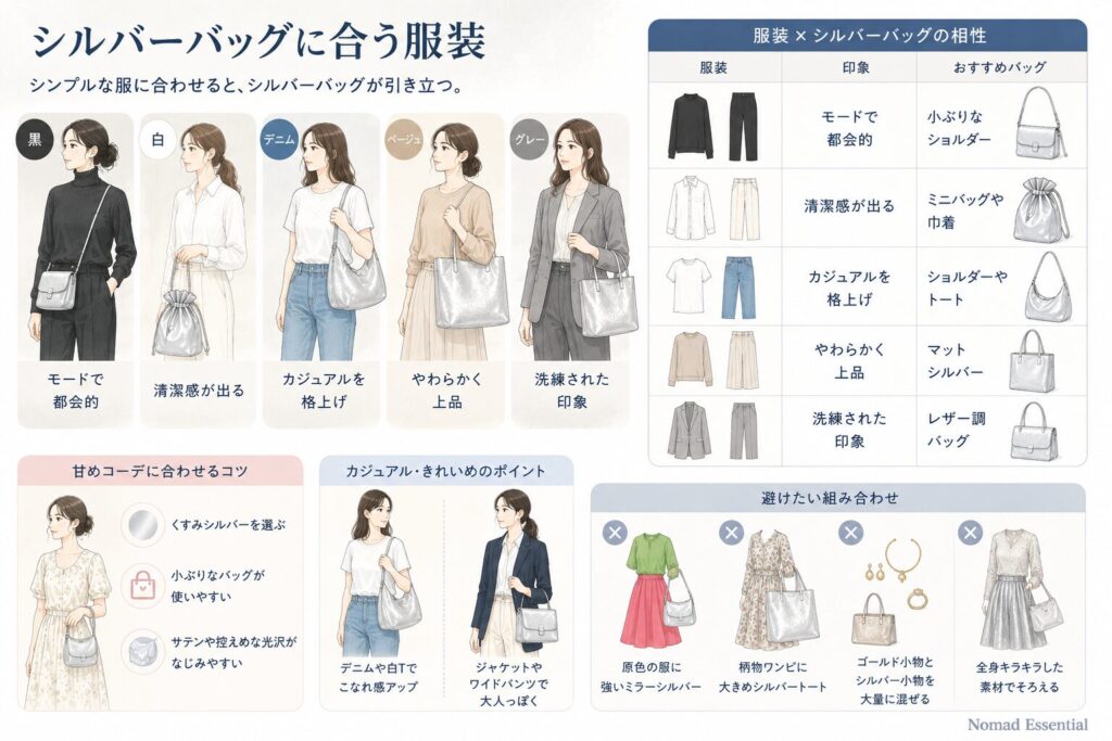 シルバーバッグに合う服装