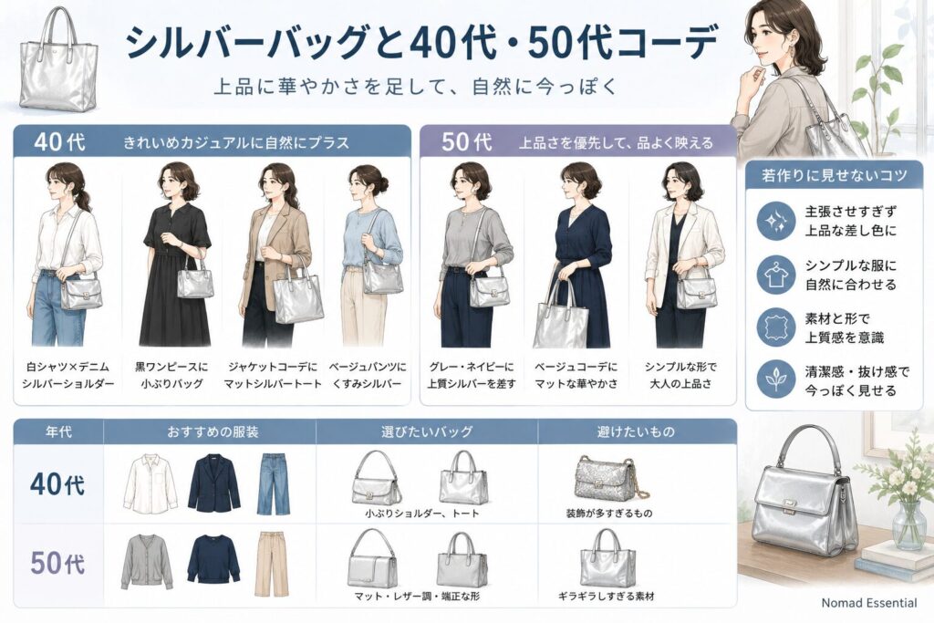 シルバーバッグと40代50代コーデ