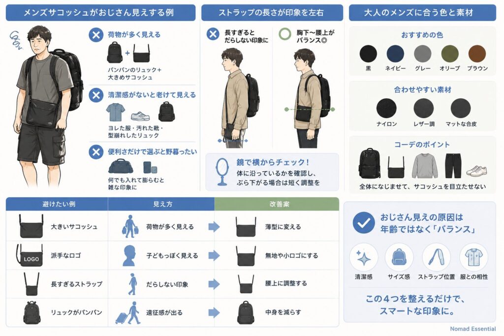 メンズサコッシュがおじさん見えする例
