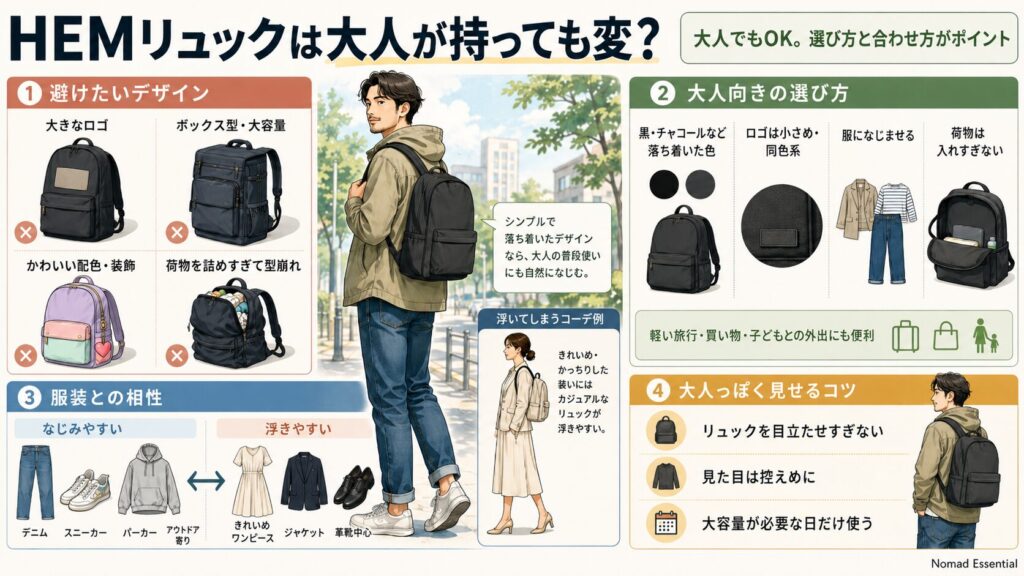 HEMリュックは大人が持っても変？
