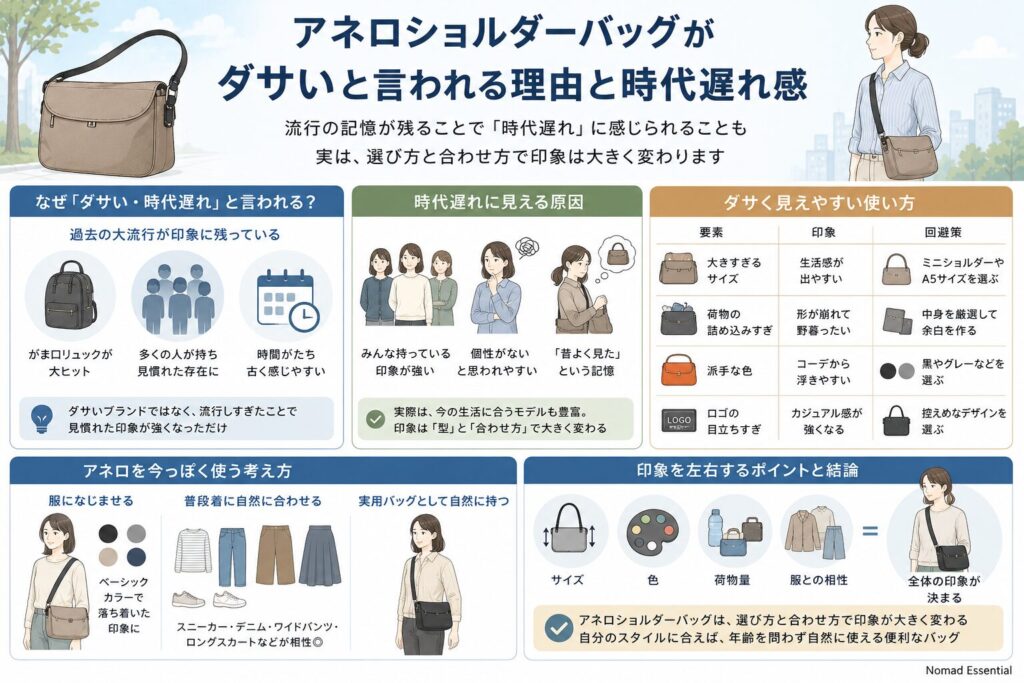 アネロショルダーバッグがダサいと言われる理由と時代遅れ感