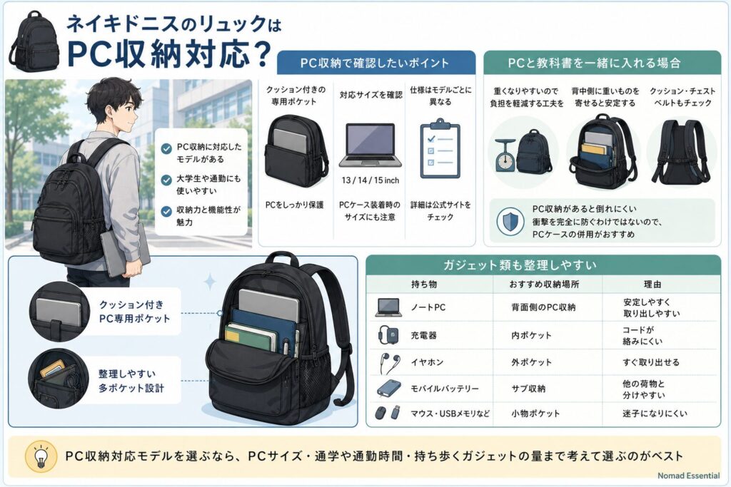 ネイキドニスのリュックはPC収納対応？