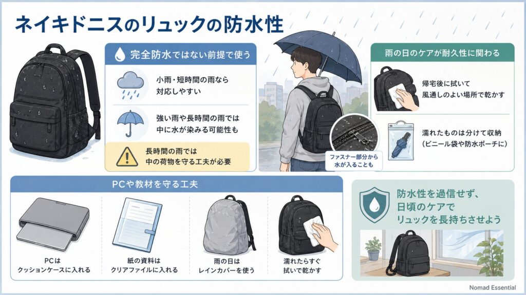 ネイキドニスのリュックの防水性