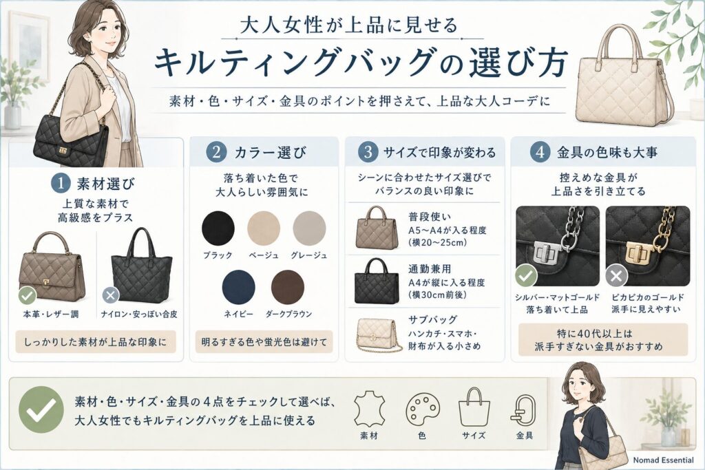 大人女性が上品に見せるキルティングバッグの選び方