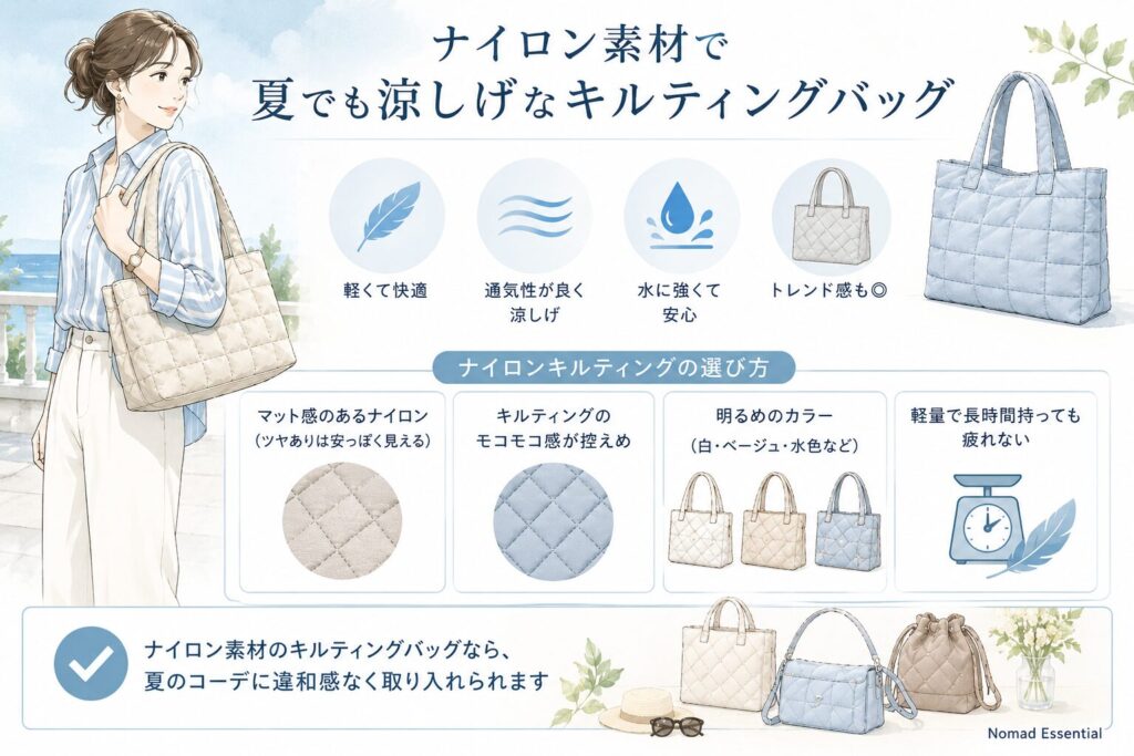 ナイロン素材で夏でも涼しげなキルティングバッグ