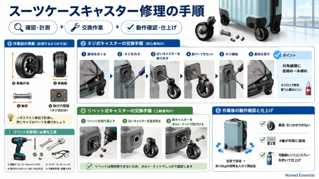 スーツケースキャスター修理の具体的手順を徹底解説