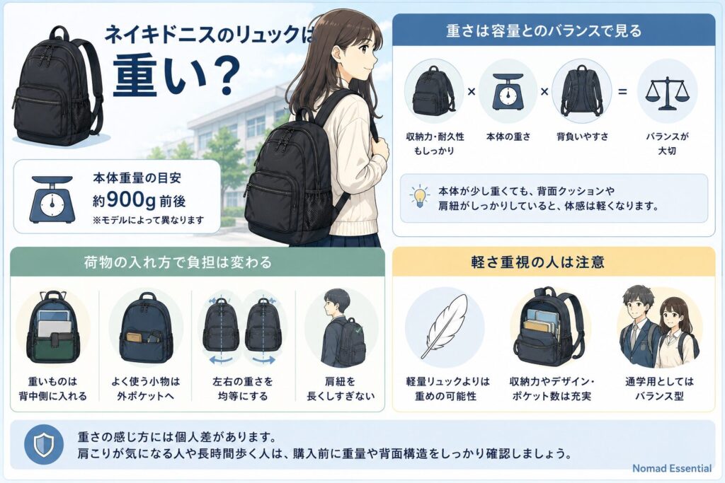 ネイキドニスのリュックは重い？